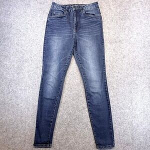Womens High‎ Waisted Skinny Jeans Medium Wash Blue Stretch Classic Whiskering